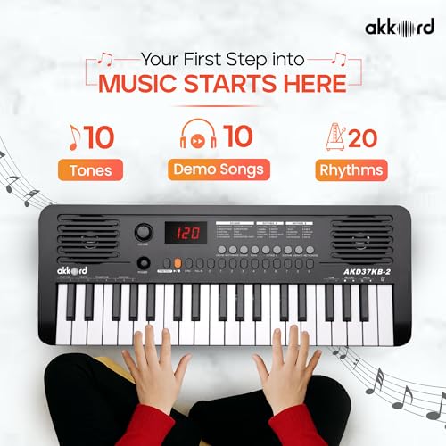 Image of Akkord 37 Keys Music Keyboard - Red Edition | 20 Rhythms, 10 Tones & 10 Demos, LED Display, Portable Beginner Piano Compatible | Kids, Beginner Keyboard with USB-C Cable (Without Adapter and MIDI)
