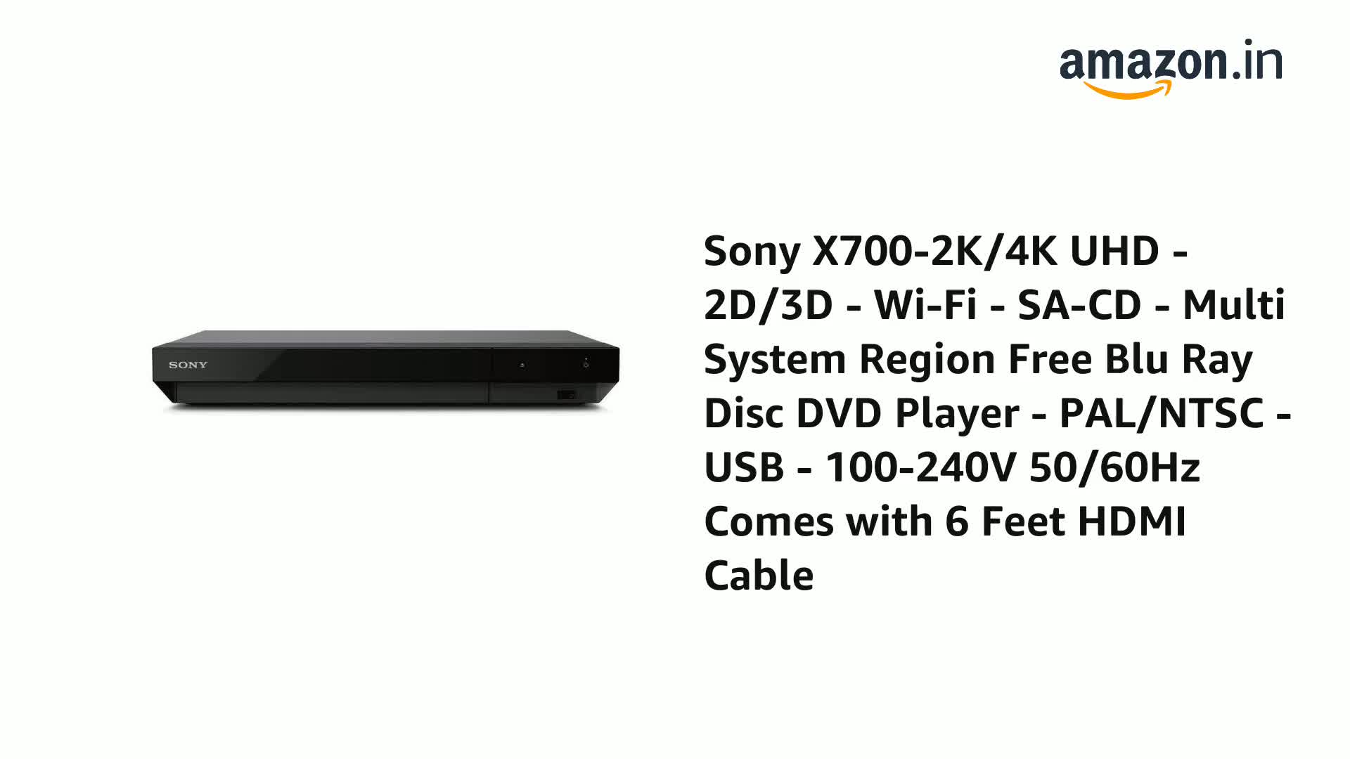 Sony 4K Ultra HD Blu Ray Player with 4K HDR and Dolby Vision + 6FT