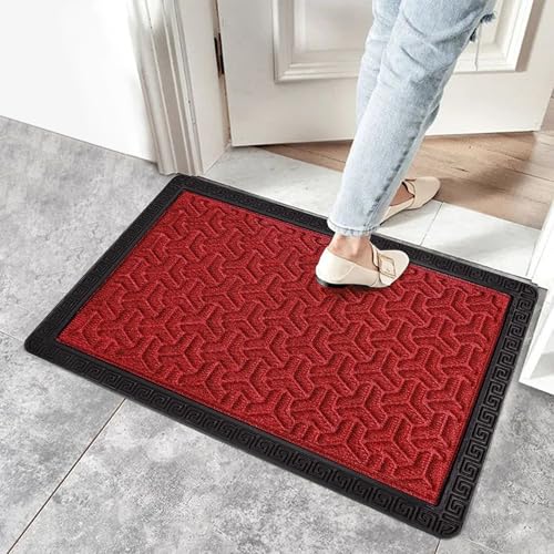 Image of Yellow Weaves 1 Pc Rectangular Door Mat for Home Entrance,Outdoor Rubber Mat,Non-Slip,Anti Skid Foot Mat,Dirt Trapper,Heavy-Duty,Weather-Resistant,Waterproof Doormat(40x60cms,Geometric,Red Color)