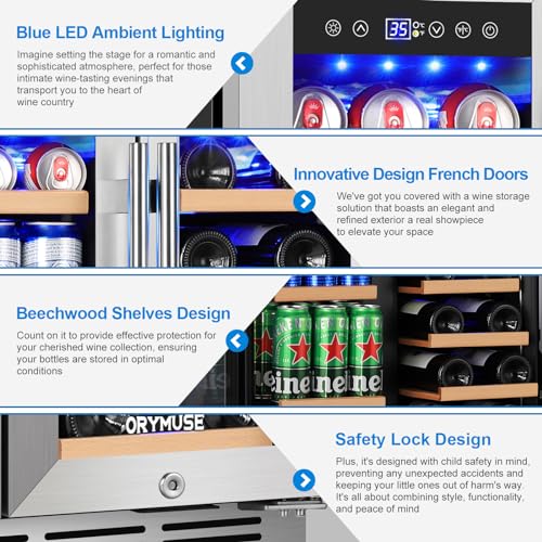 Image of ORYMUSE 24 Inch Dual Zone Wine and Beverage Refrigerator, Built-in or Freestanding Cooler with French Doors, Drink Fridge with Upgraded Compressor for Beer, Wine, and Soda