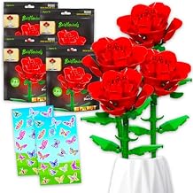 Brickcraft Valentines Day Rose Bouquet Set - Bundle with 4 Bricktanicals Floral Arrangement Artificial Flowers DIY Bouquet Plus Stickers | Botanical Collection