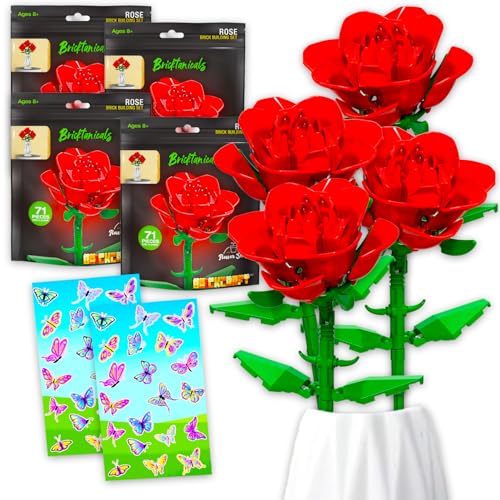 Brickcraft Valentines Day Rose Bouquet Set - Bundle with 4 Bricktanicals Floral Arrangement Artificial Flowers DIY Bouquet Plus Stickers | Botanical Collection