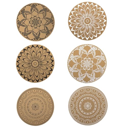 GIONAR 6PCS Set de Table, Set de Table Rond PVC, Set de Table Lavable à Imprimé Bohème, 38x38cm,Résistant à la Chaleur, Antidérapant, Décoration de...