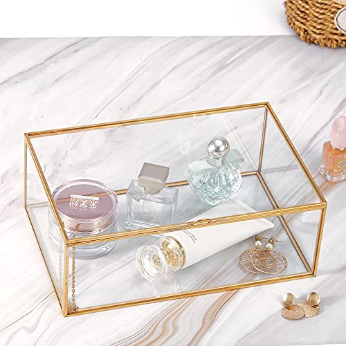 Hcenjoc Golden Vintage Clear Glass Lidded Box Edge Bracelet Keepsake Decorative Jewelry Display Home Decor (10.8X7X4 ​In) #TOP1
