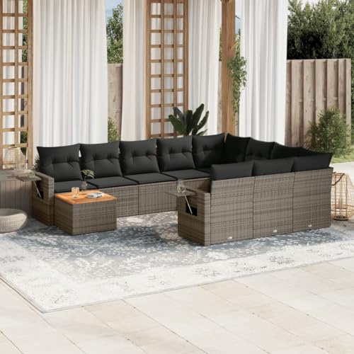 LoogCape 11 TLG. Sofá de jardín con almohada, juego de salón de ratán poli gris para terraza, muebles de exterior con mesa de madera de acacia, resistente a los rayos UV