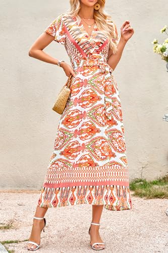 Image of PRETTYGARDEN Women Boho Summer Side Split Deep V Neck Short Sleeves Maxi Dress with Belt