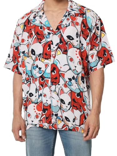 Image of ComicSense.xyz Unisex Anime Shirts for Men & Women, Kitsune Mask Printed Kimono Fit Hawaiian Shirts