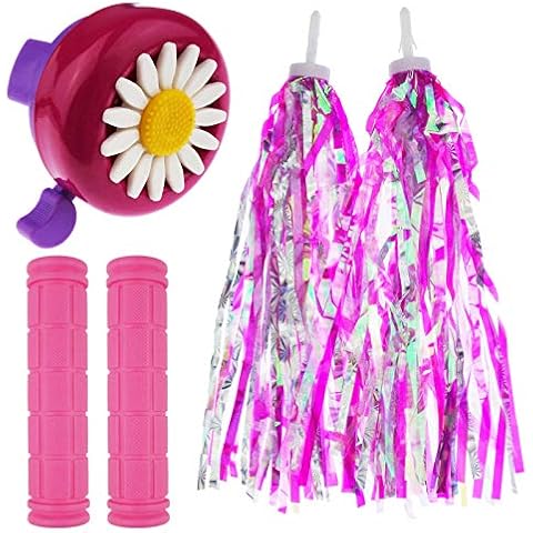 Kasteco 2 Pack Bicycle Bike Handlebar Scooter Streamers,1 Pack Bicycle Bell and Bicycle Handle Bar Grips, (Rose) Cover