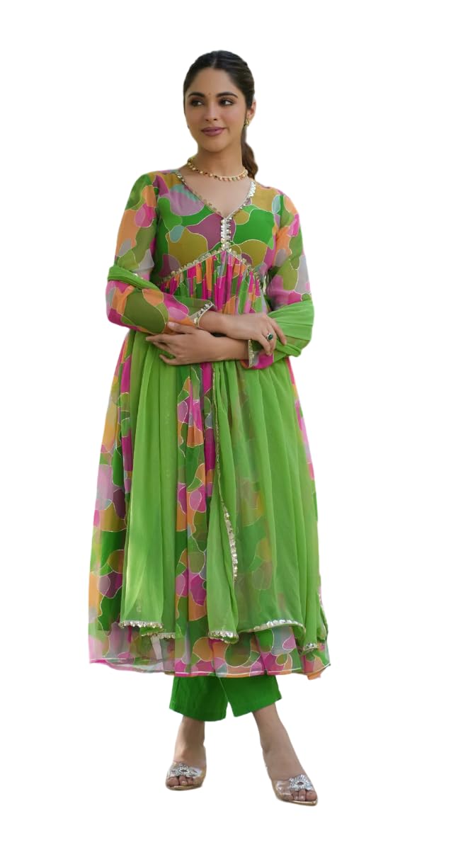 Xomantic Fashion Pink Georgette Printed Alia Cut Suit Set (Large, Green)