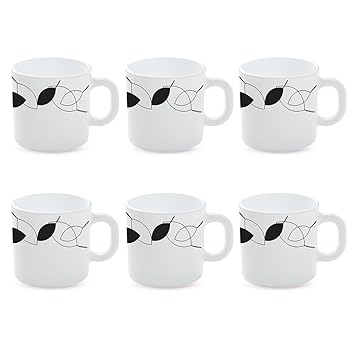 Shadow Opalware Mug, Set of 6 Tea/Coffee Mugs, 180 ml Each, Microwave & Dishwasher Safe, Bone-Ash Free, Crockery Set Ideal for Daily Use & Gifting, White