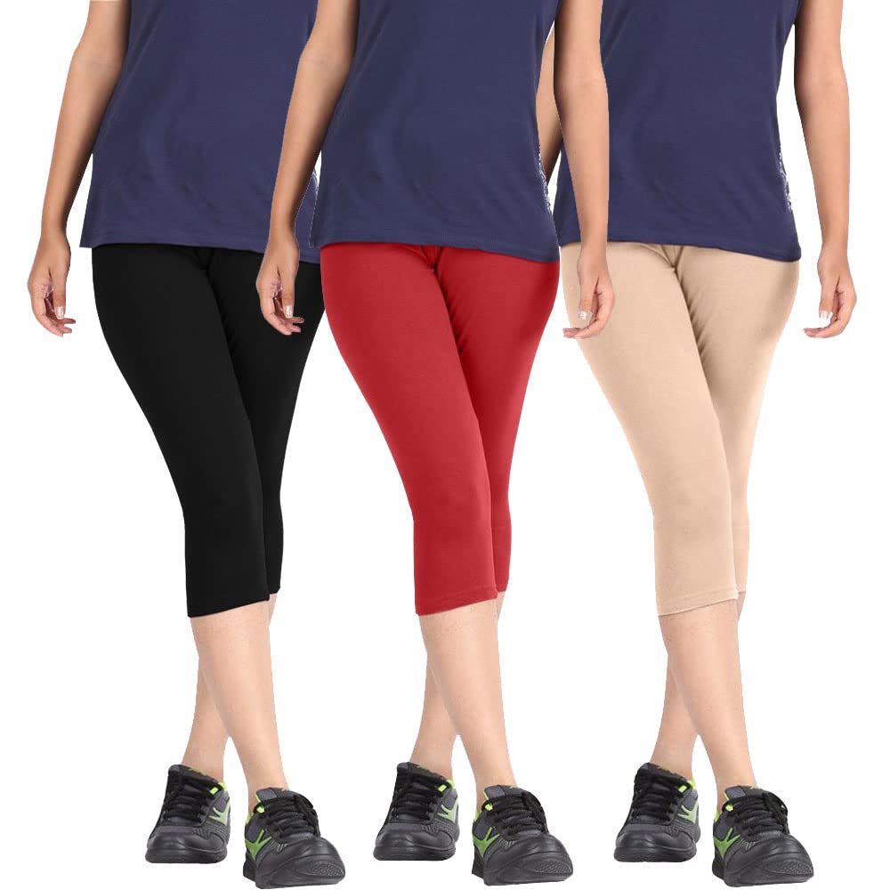 pixie fashion Biowashed Cotton Stretchable Capri Legging Combo Pack of 3 for Women/Girls/Ladies (Black, Red and Beige) - Free Size-picture-41