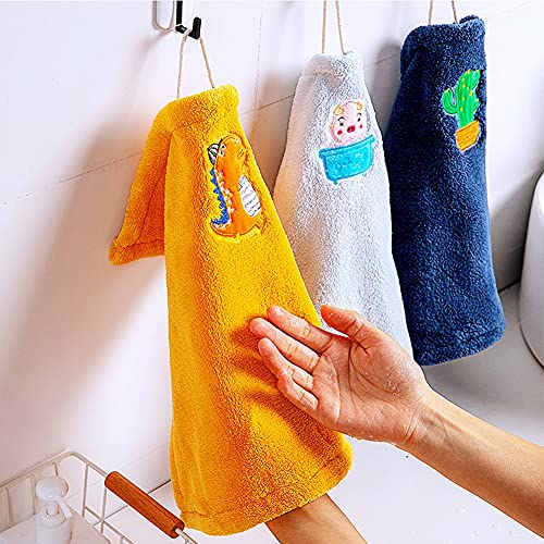 Zrfamily 3 Pack Hanging Kitchen Towel Cartoon Pure Cotton Thick Coral Fleece Dishwashing Cloth Double-Sided Water Absorption Non-Stick Oil Hanging Kitchen Towel #TOP1