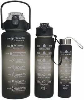 Garrafas verão squeeze Kit com 3 garrafas 2l 900ml 300ml com canudo + adesivos Frases motivacionais academia Beba água (Cor Preta)