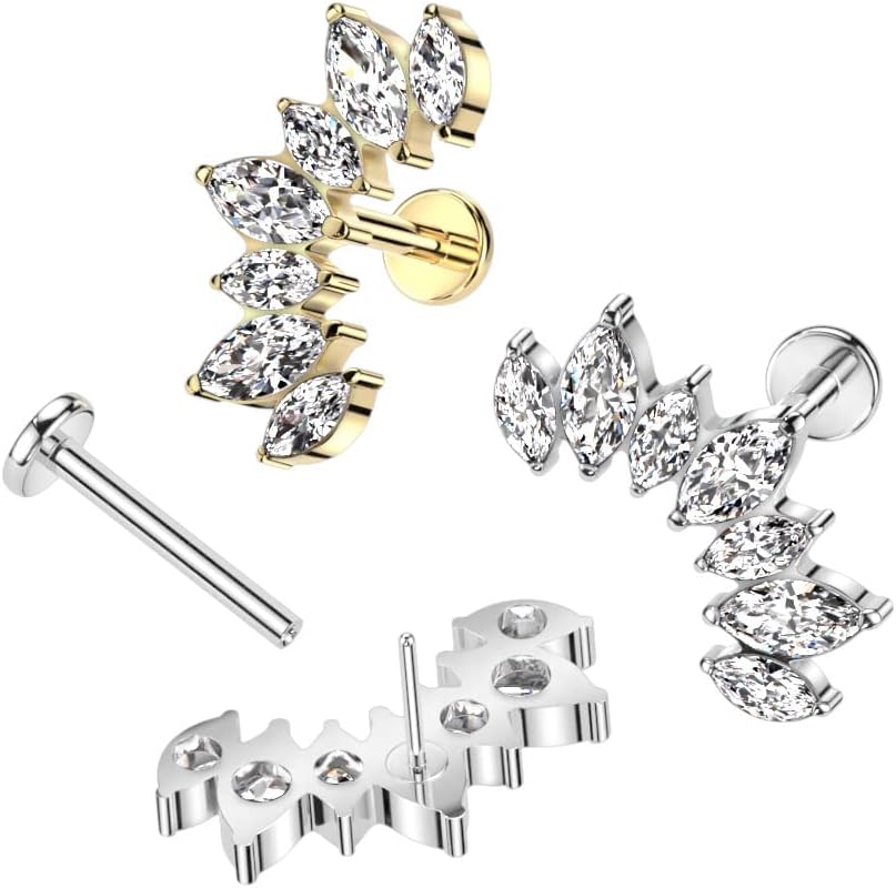 Pierced Owl 18GA F136 Implant Grade Titanium 7 CZ Crystal Marquise Curved Top Threadless Stud