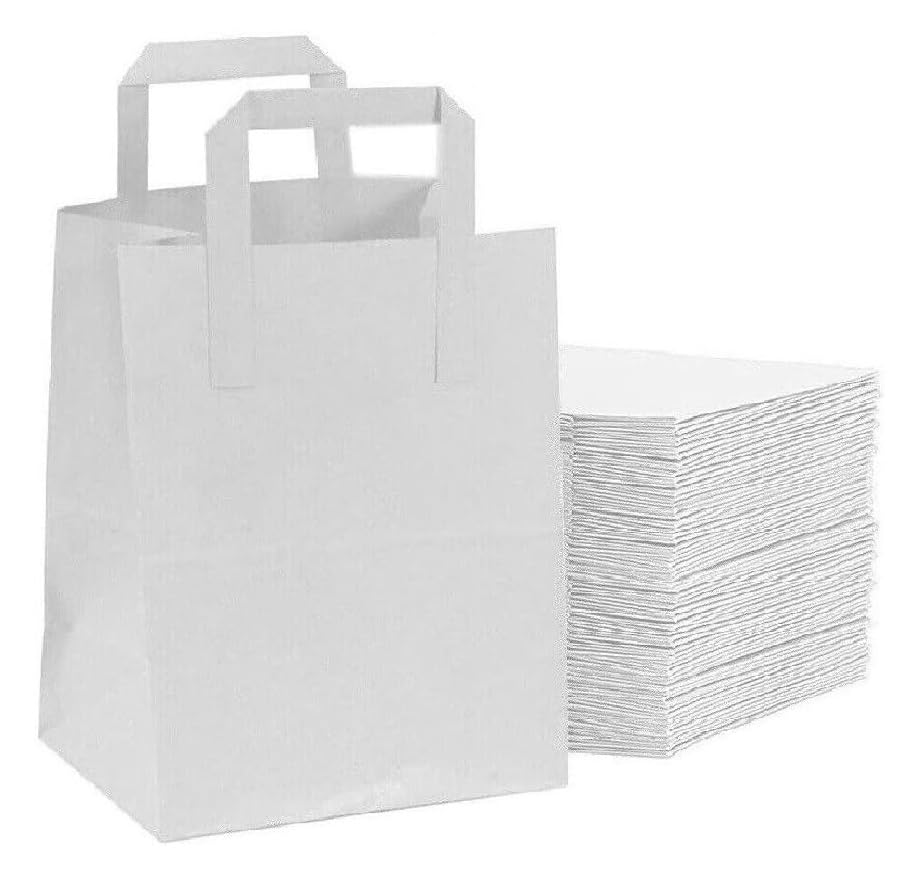 Tezraftaar® 1000 x Flat Handle Paper Bags 25cm x 30cm x 14cm White Kraft Carrier Bags for Takeaway Clothes Gifts Shopping Parties