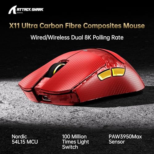 Image of ATTACK SHARK X11 Ultra 8K Carbon Fiber Tri Mode Wireless Gaming Mouse-Red | 42000 DPI-PAW3950 MAX Sensor-63g Lightweight,Nordic 54L15 MCU Chip,Wired /BT /2.4Ghz,100 Million Clicks,Programmable for PC Mac
