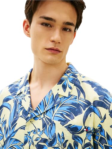 Image of Tommy Hilfiger Men's Lightweight Short Sleeve Cotton Beach Print Shirt with Pocket, Men's Casual Button Down Summer Shirts