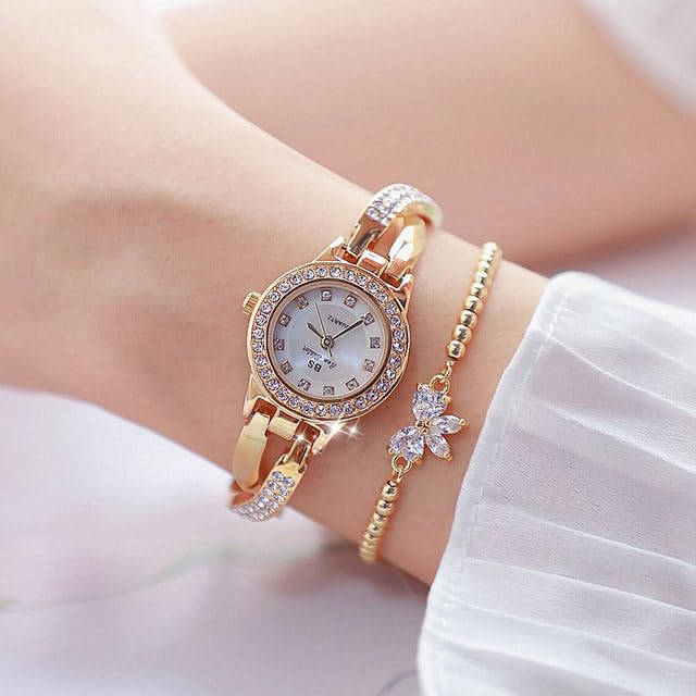 WATCHs-AE - BS Brand Women's Watches Fashion Silver Luxury Rhinestone Watch Women Watches bracelet set Gold Creative Ladies Diamond Watch (gold with bracelet SA)
