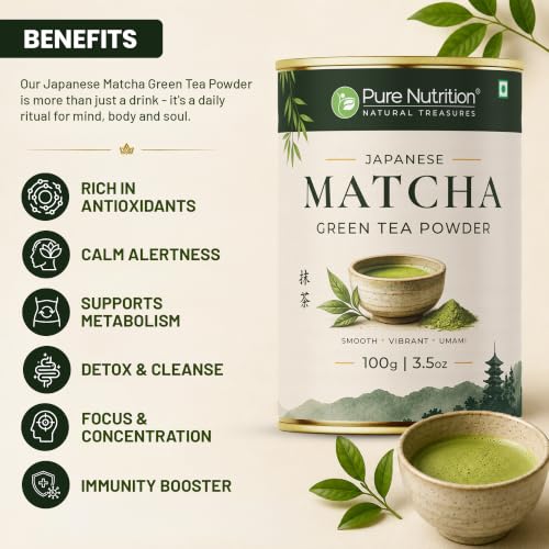 Image of Pure Nutrition Japanese Matcha Green Tea Powder | Matcha Green Tea for Weight Loss | Premium Culinary Grade Matcha for Latte, Smoothie & Baking | Smooth, Vibrant, Rich in Antioxidants | Natural Energy & Metabolism Support | Vegetarian | 100g