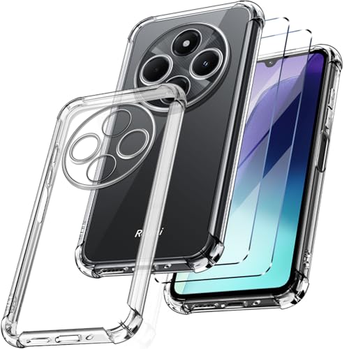 New&Teck   Funda Carcasa para Xiaomi Redmi 14C / Redmi A4 + 2 Vidrio Templado Protector de Pantalla, Funda Transparente de Silicona TPU Flexible, Parachoques con Esquinas reforzadas (Transparente)