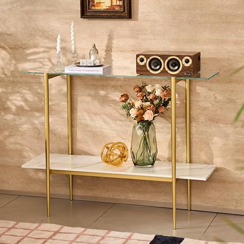 Image of Glass Console Table for Living Room, Foyer & Entrance, 2-Tiers Mid-Century Modern Sofa Table with Clear Glass Top, 41" D x 14" W x 31.5" H, White Finish Wood Shelf and Gold Finish Frame