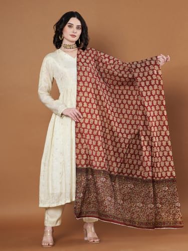 Image of Women's Cotton Blend Floral Print Dupatta with 2.20 Meters | Women's cotton printed dupatta with tassels
