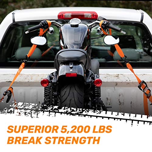 Image of Ratchet Straps by RoofPax (2-Pack) | Heavy Duty Motorcycle Tie downs Kit | 5,208 Break Strength | 1.6 inch x 8' Cargo Tiedowns For Heavy Loads | Padded Handles & Coated Chromoly | S Hooks w / 2 Soft Loops