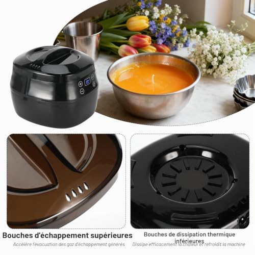 Ambesty Fondeur de Cire Bougie Électrique 1L,Fondoir Cire Bougie avec Bec Verseur et Contrôle LED, Kit Complet Fabrication de Bougies Inclut 150 Mèches, Autocollants, Centres de Mèche et Cuillère – vue 6