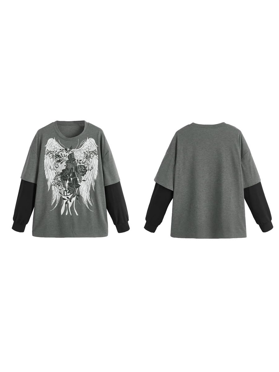 Goth Shirt Gothic Shirt Fake Two-Piece Alternative Clothing Goth Long Sleeve Top Grunge Clothes: Large Grey02