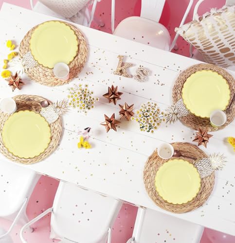 Image of HEIPINIUYE 50 Pieces Yellow Paper Plates with Gold Foil 7 Inch Disposable Yellow Scalloped Dinner Plates for Wedding Baby Shower Birthday Party