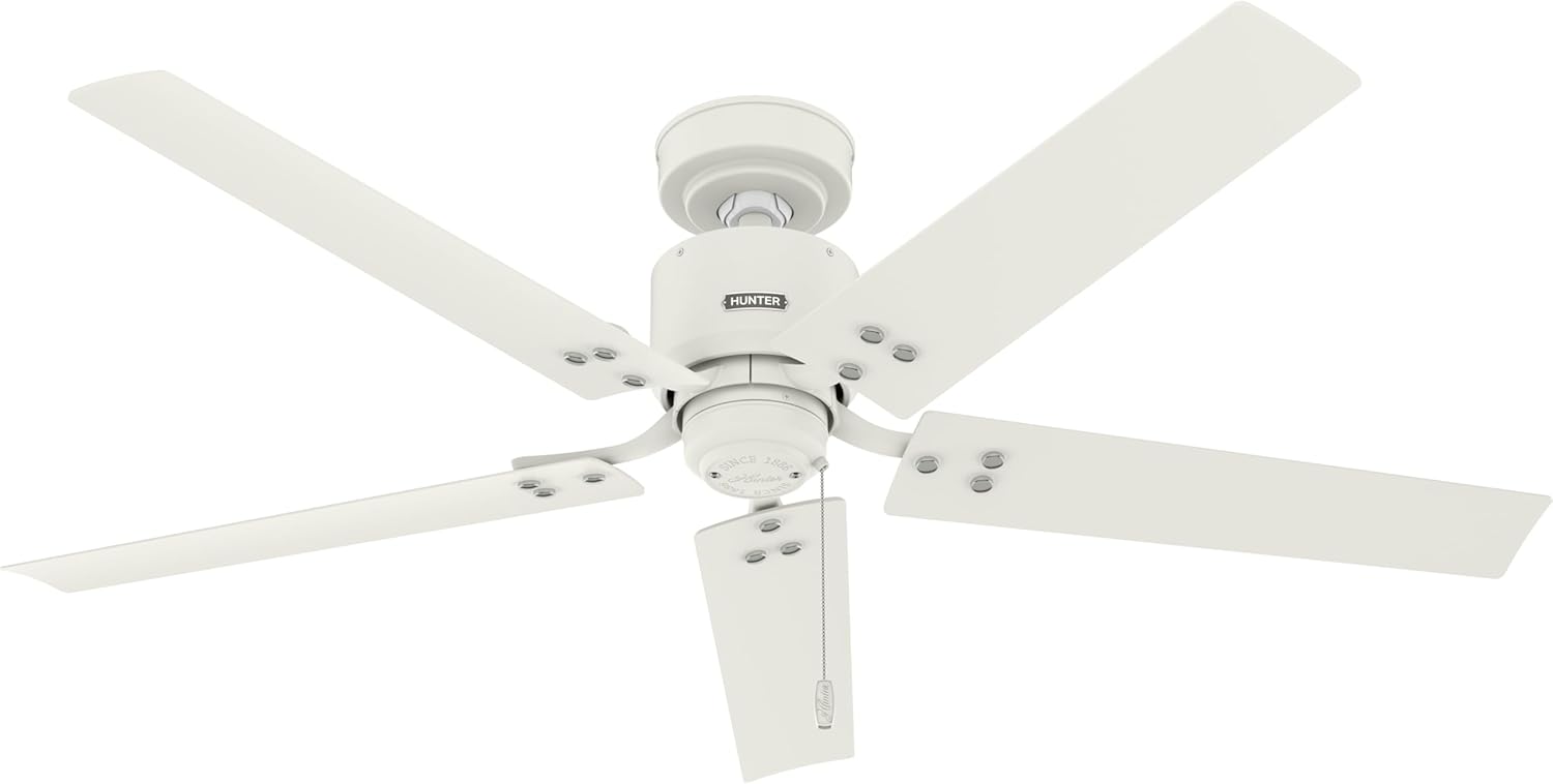 Hunter 52 inch Outdoor or Indoor Ceiling Fan No Light - White Ceiling Fan without Light, For Patio, Porch, Garage, or Living Room, Standard Mount, 5 Blades, Pull Chain - Windbound 51460, Matte White