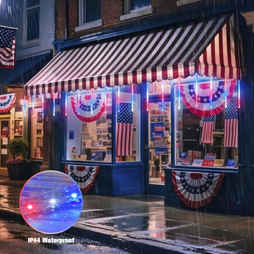 JMEXSUSS Red White and Blue Solar Meteor Shower Lights - 8 Tube 144 LEDs Patriotic Waterproof Decorations for 4th of July, Independence Day, Gardens, Tree, Outdoor