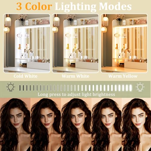 Image of HUAHUU Vanity Desk with Mirror and Lights, Makeup Vanity with Lights, 3 Color Lighting Modes, Vanity Desk with Large Mirror & 4 Storage Drawers & Acrylic Shelves for Bedroom, White