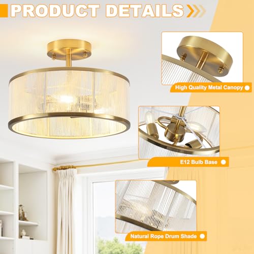 Image of Modern Semi Flush Mount Ceiling Light, 3 Light Gold Ceiling Light with Rope Shade, Drum Light Fixture for Kitchen Bedroom Dining Room Hallway Entryway