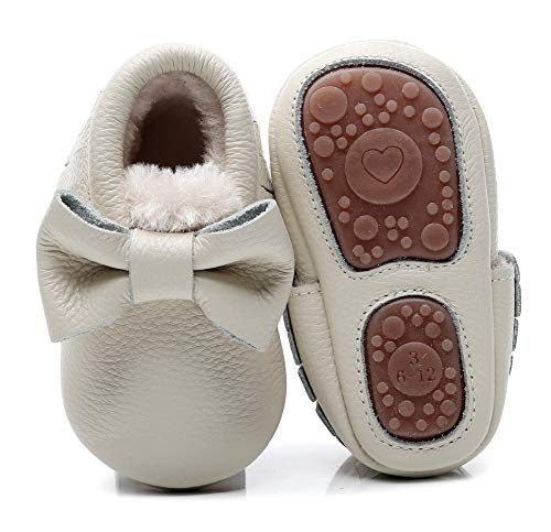 Bebila Baby Moccasins for Girls Boys - Fur Fleece Lined Baby Shoes Autumn Winter Warm Genuine Leather Infants Slippers with Rubber Sole (4 M US Toddler, B)
