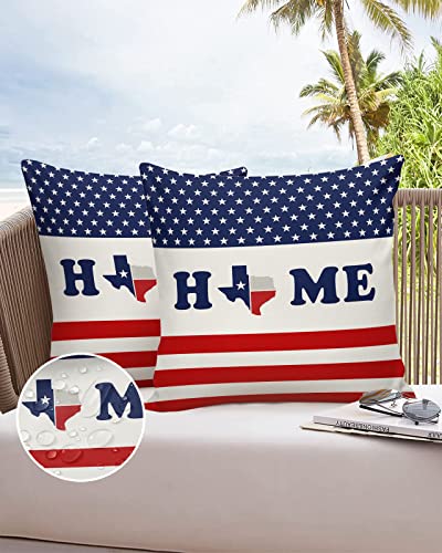 Edwiinsa Outdoor Pillow Covers Waterproof, Texas Star American Flag Home Patriot All Weather Cushion Case Set of 2, Simple Red White Stripes Decorative Pillowcases for Sofa Couch Bed Patio 18