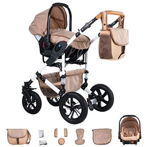 Friedrich Hugo Hamburg | 3 in 1 Kombi Kinderwagen Set | Luftreifen | Farbe: Beige & Oatmeal
