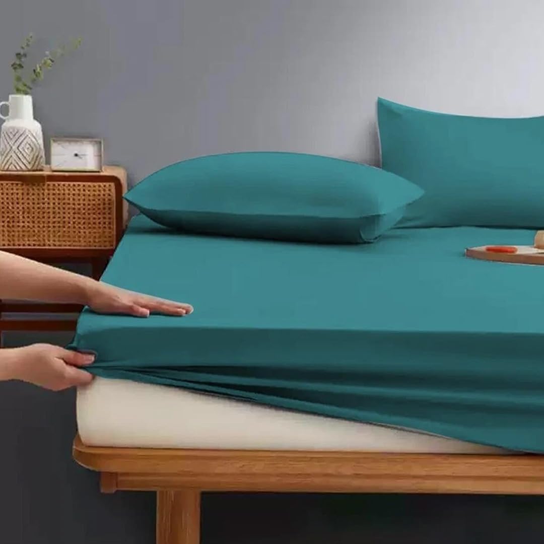 ZIYA HOMES Aqua Double Fitted Sheet - 25cm Deep Pockets Premium Quality Poly Cotton Breathable, Fade Resistant Easy Care Bed Sheet, Hotel Quality Bedsheet