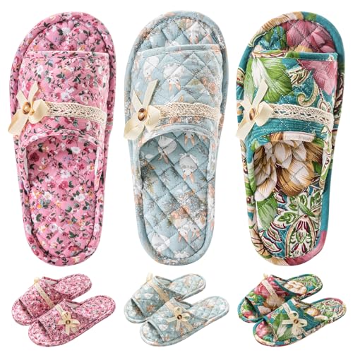 biroris 3 Pairs Floral Cotton House Slippers for Women, Open