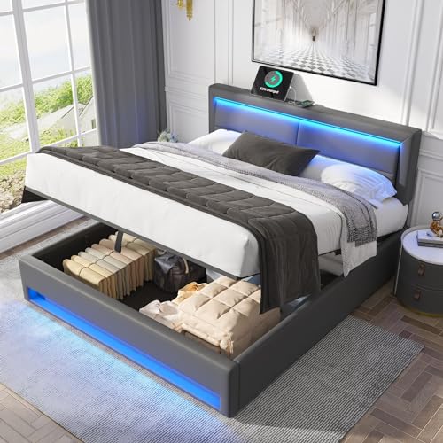 Dolamaní Boxspringbett 140 x 200 cm mit Bettkasten und große Stauraum, Polsterbett mit Kopfteil und Fußteil mit LE/D, Stauraumbett für Erwachsene & Jugendliche, PU (Grau)