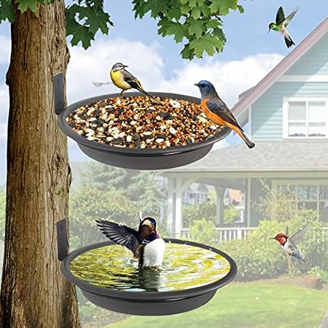 2 Bird Feeders Tree Mounted with Heavy Duty Sturdy Steel, 9.15” in Diameter×1.53" Deep Dark Brown Bird Bath Tray,Installed on Wooden Fences, Trees, Deck,Indoor and Outdoor Walls Cover