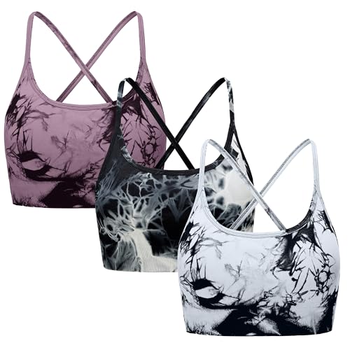 OVESPORT 3 Piece Women's Workout Sports Bras Seamless Tie-dye Strappy Gym Yoga Crop Bra Small Black/White/Watermelon Red
