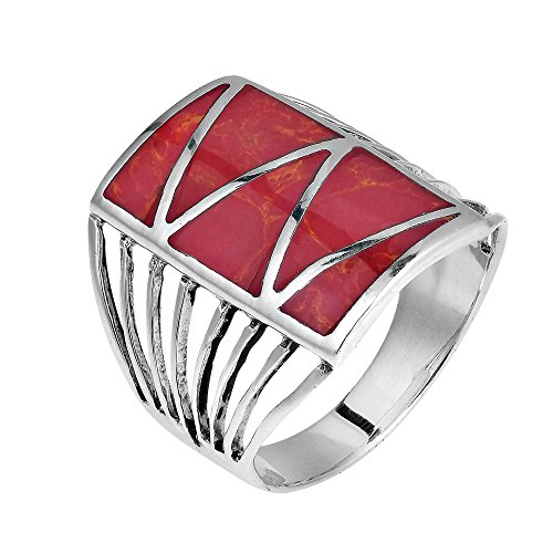 AeraVida Stripe Line Zig-Zag Reconstructed Red Coral .925 Sterling Silver Ring | Classic Wedding Rings For Women | Vintage Comfort Fit Silver Rings for Women | Gift for Women | Sterling Silver Rings Sizes (6-10)3