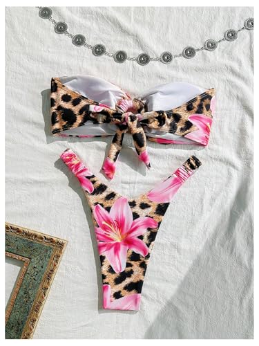 GORGLITTER Women's Strapless Bandeau Bikini Sets Cheetah Leopard Print High Cut String Thong Swimsuits2