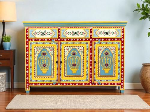 Image of APRODZ Wooden Handpainted Multipurpose Sideboard Storage Cabinet for Home (Multicolor)