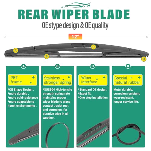 Image of 20 inch 20 inch 12 inch Windshield Wiper Blades Replacement for Ford Escape 2008 2009 2010 2011 2012 Premium All Weather Front Rear Wipers Set - OEM Quality (Pack of 3)