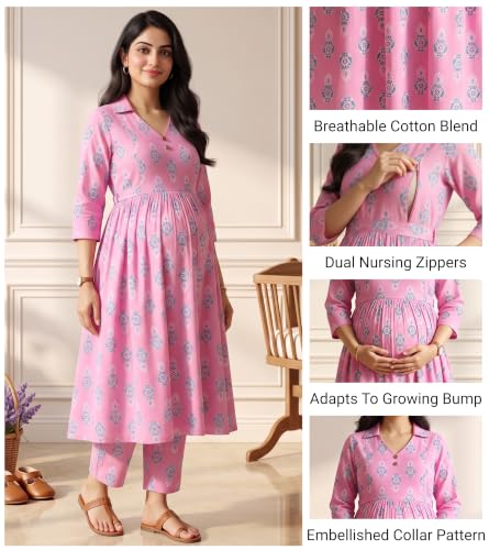 Image of DUMMY SHAPE Maternity Dresses for Women Cotton | Floral Kurta Pant Dupatta Set with Nursing Zippers, Side Pocket | Pre & Post Pregnancy | Feeding Kurti Suit | Baby Shower | Gifts for Pregnant Woman