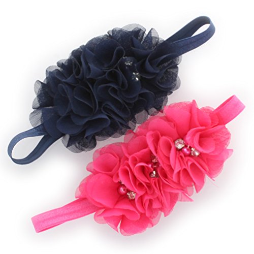My Lello Infant Baby Flower Headbands Chiffon Fabric Beaded Trio 2-Pack (Navy/Hot Pink)