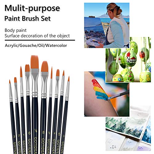 Gotideal Paint Brush Set, 10 Pcs Round Pointed Tip, Small Nylon Hair Brushes For Acrylic, Watercolor, Oil And Gouache，Body, Face Nail Art, Detailing And Rock Painting, Perfect For Kids & Adult #TOP4