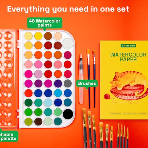 ARTISTRO Washable Watercolor Paint Set 48 Colors with Watercolor Paper, 2 brushes, Refillable Water Brush Pen and Palette, Water Color Paint Set for Kids, Adults, Beginner Artists - Image 3